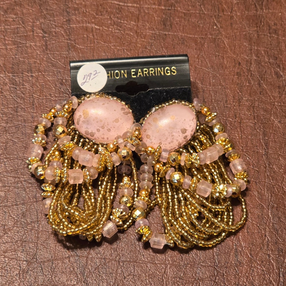 Vintage Pink Gold Beaded Statement Earrings Oval Cabochon Multi Strand Tassel